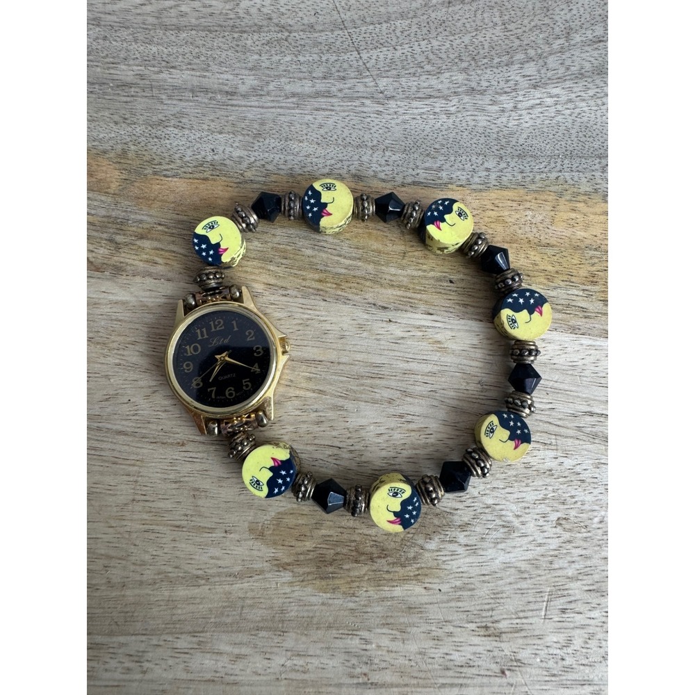Vintage Celestial Moon Star Beaded Watch Bracelet Gold Tone Black Dial AWC111